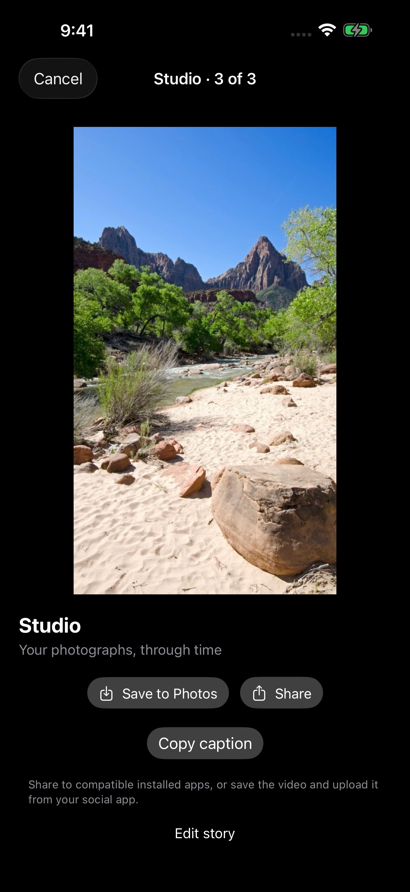 Actual Pastfold rendered video with Save to Photos, Share and Copy caption controls.